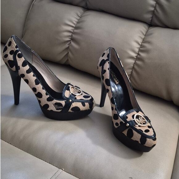 MICHAEL Michael Kors Shoes - Michael Kors Calf Hair Leopard Platform Heels Gold MK Logo Size 7M Display Flaw